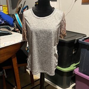 BKE Gray Top with Gold Sequin Sleeves